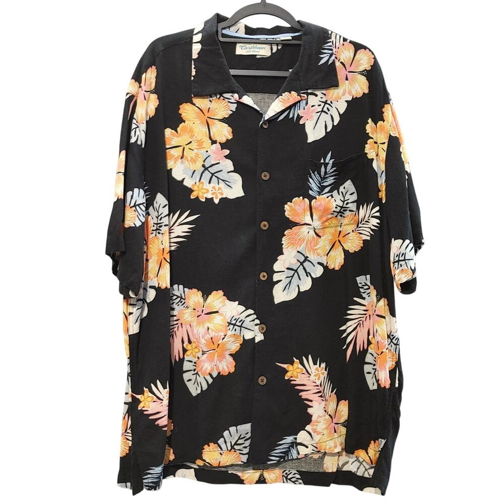 Caribbean Silk Blend Button Up Camp Hawaiian Shirt Black Floral Tropical Men XL